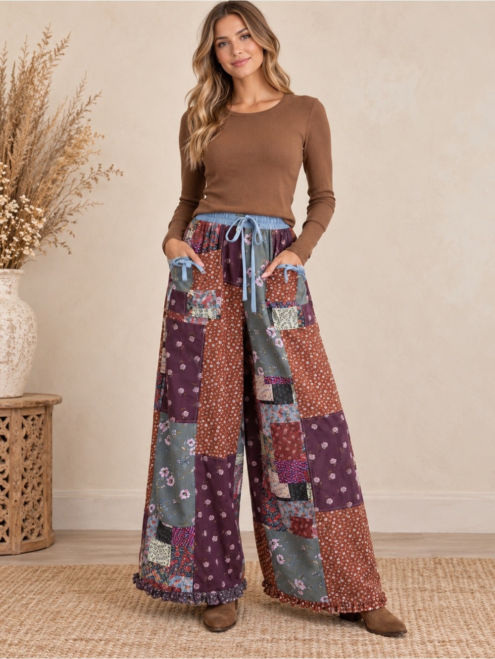 Easel Patchwork Boho Wide Leg Pants Floral Drawstring